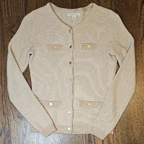 Banana Republic Cardigan Tan With Gold Weave and Gold Buttons - Picture 6 of 7